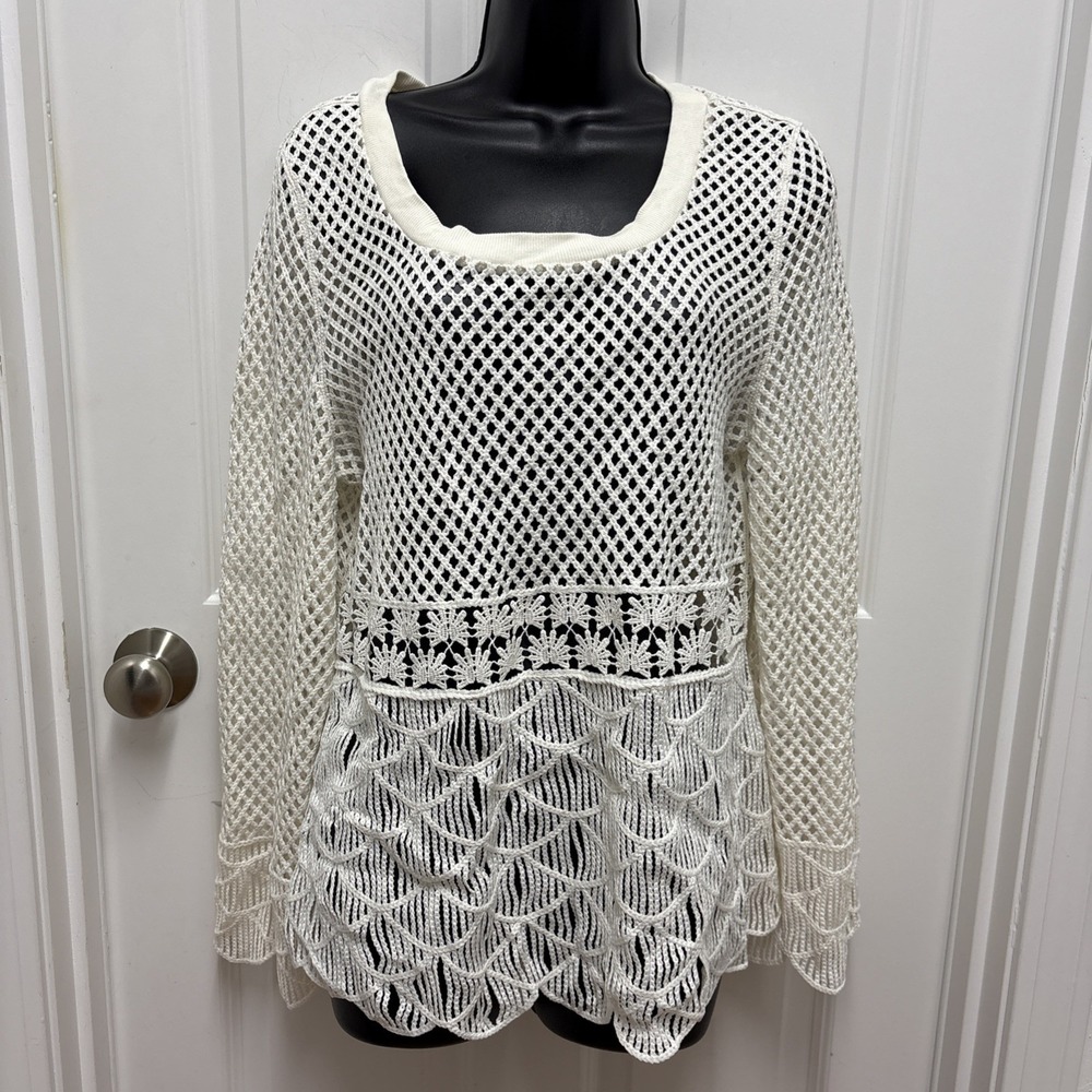 Midnight Velvet Boho Crochet Ivory Knit Top - Size Large